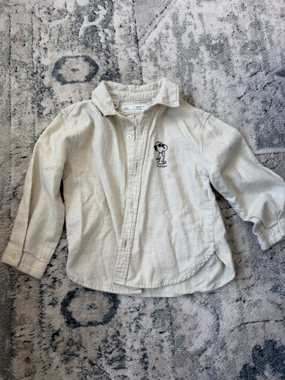 Zara Kids Cream Button-Down Shirt with Snoopy Embroidery